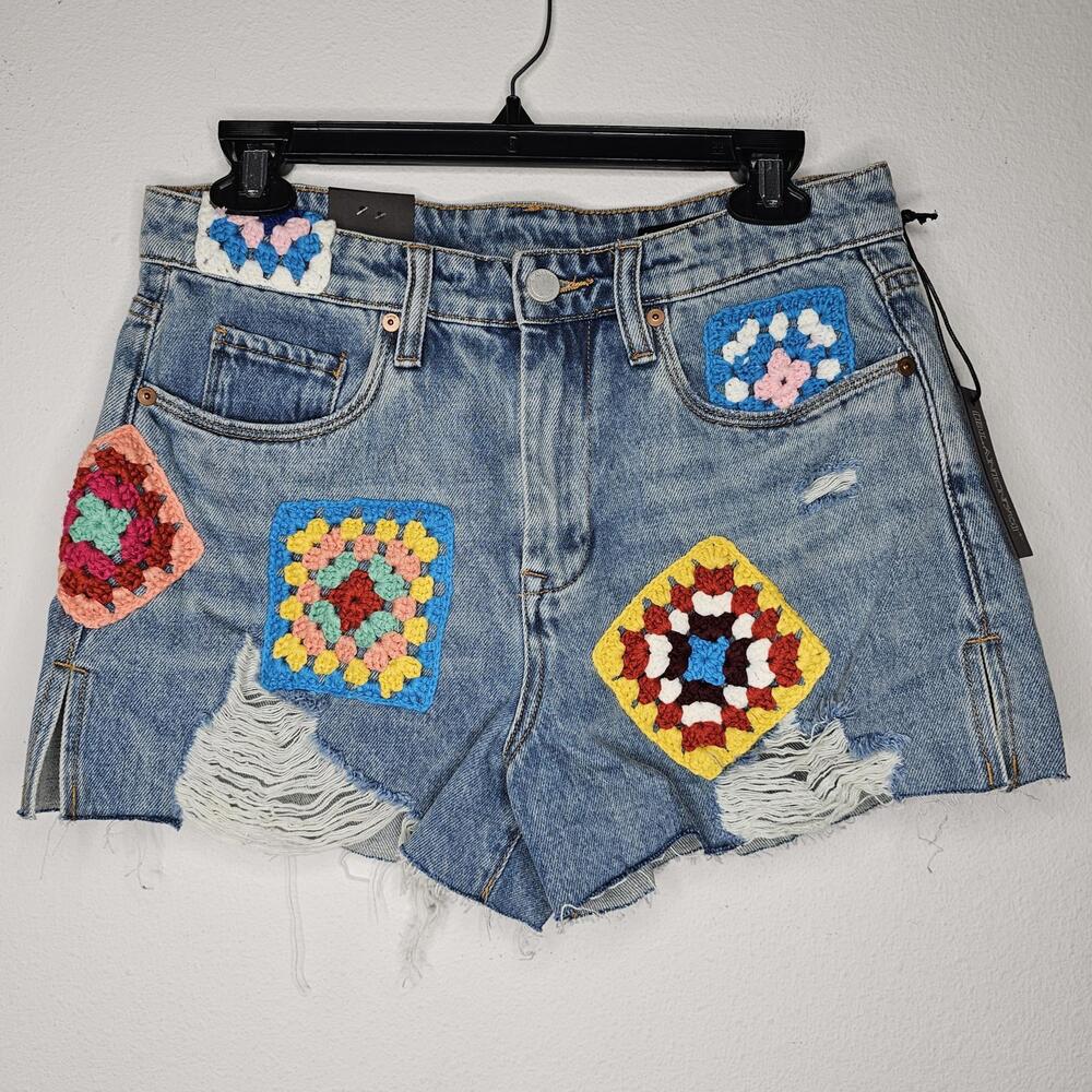Blank NYC Blue Jean Shorts with Colorful Crochet Patches